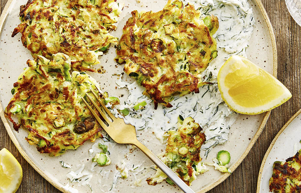 Zucchini and Asparagus Fritters with Herbed Goat Cheese