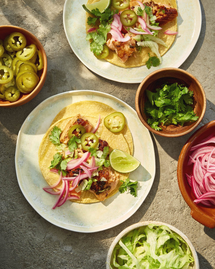 Family-Style Arctic Char Fish Tacos with Pickled Red Onions and Jalapeños