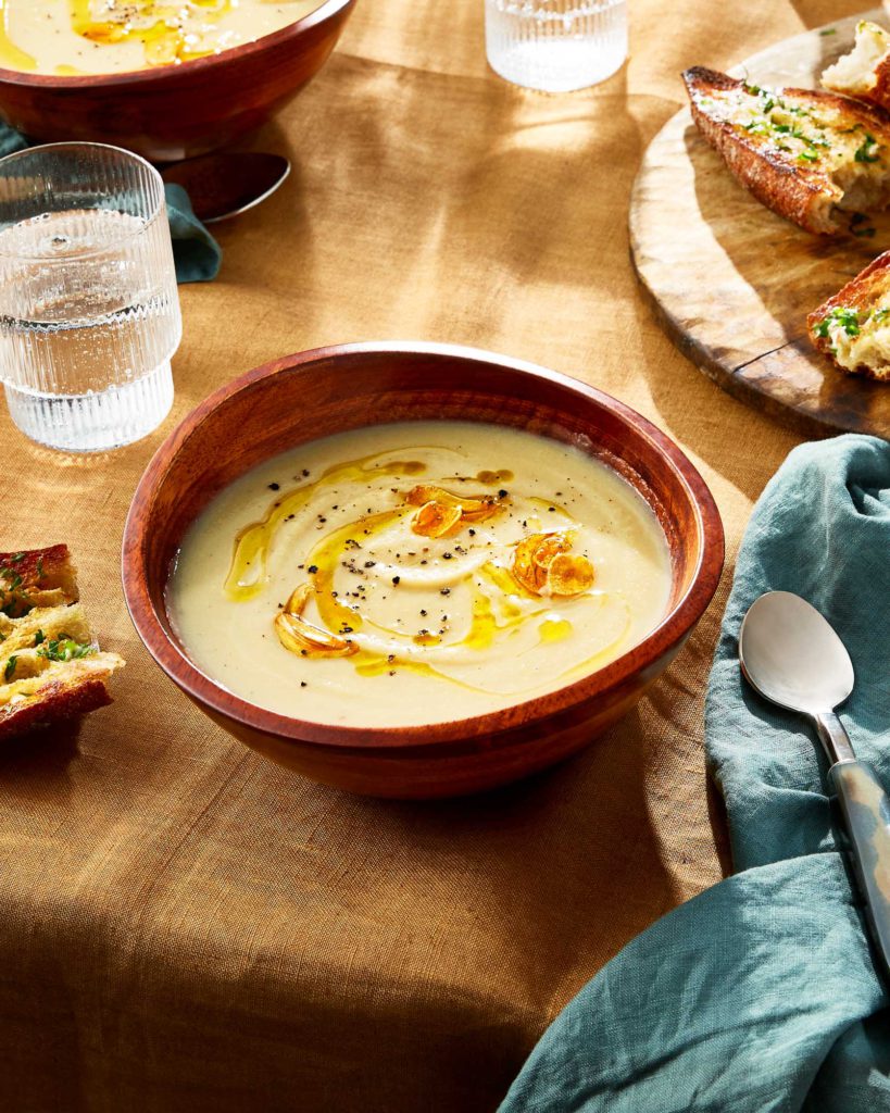 French Celery Root and Garlic Soup with Herb Toast