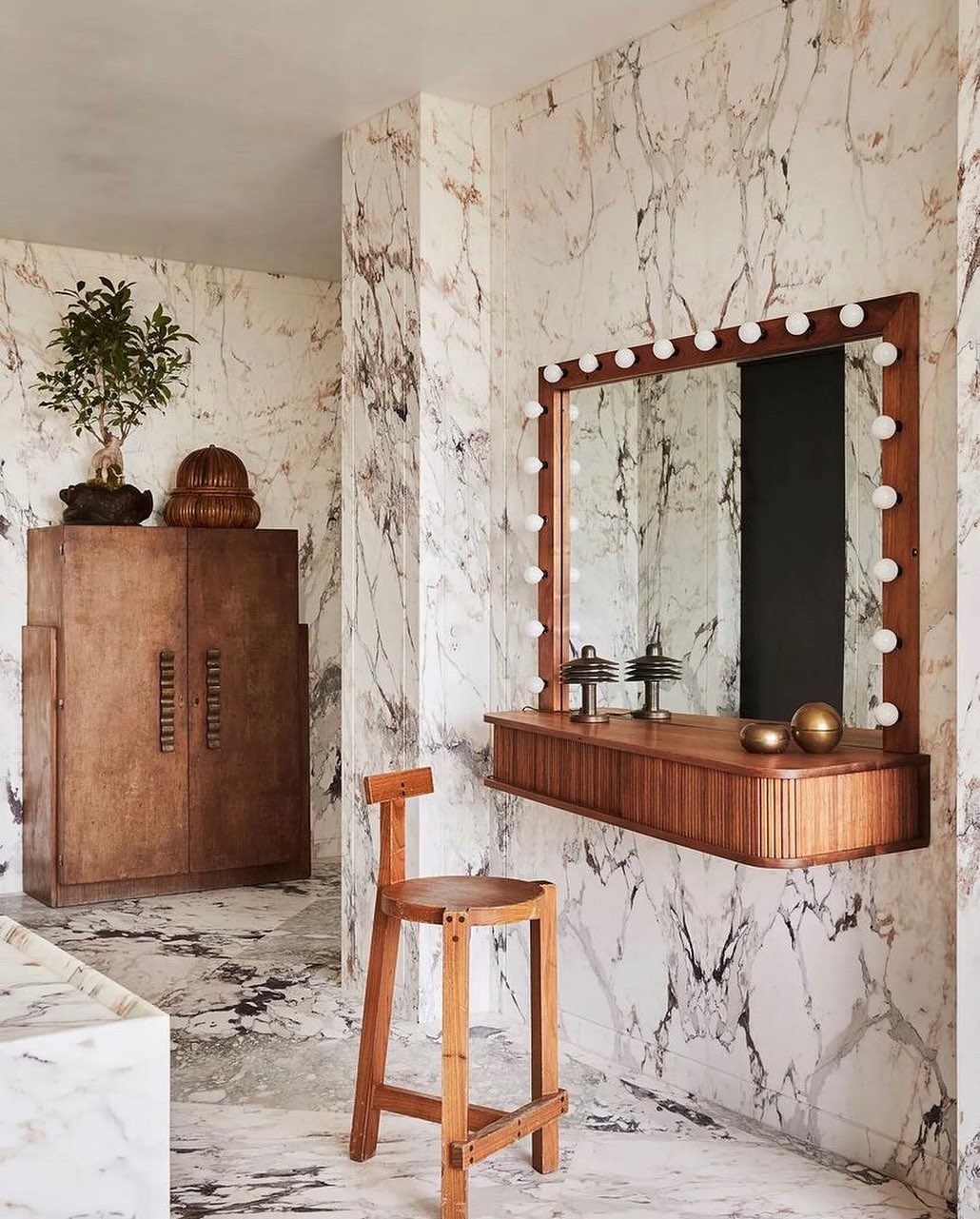 Morning routine in a marble bathroom
