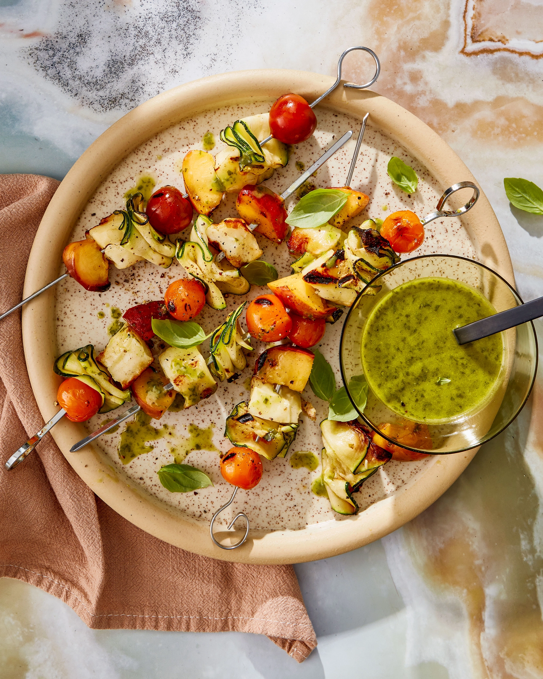 Grilled Halloumi and Peach Skewers with Basil Vinaigrette