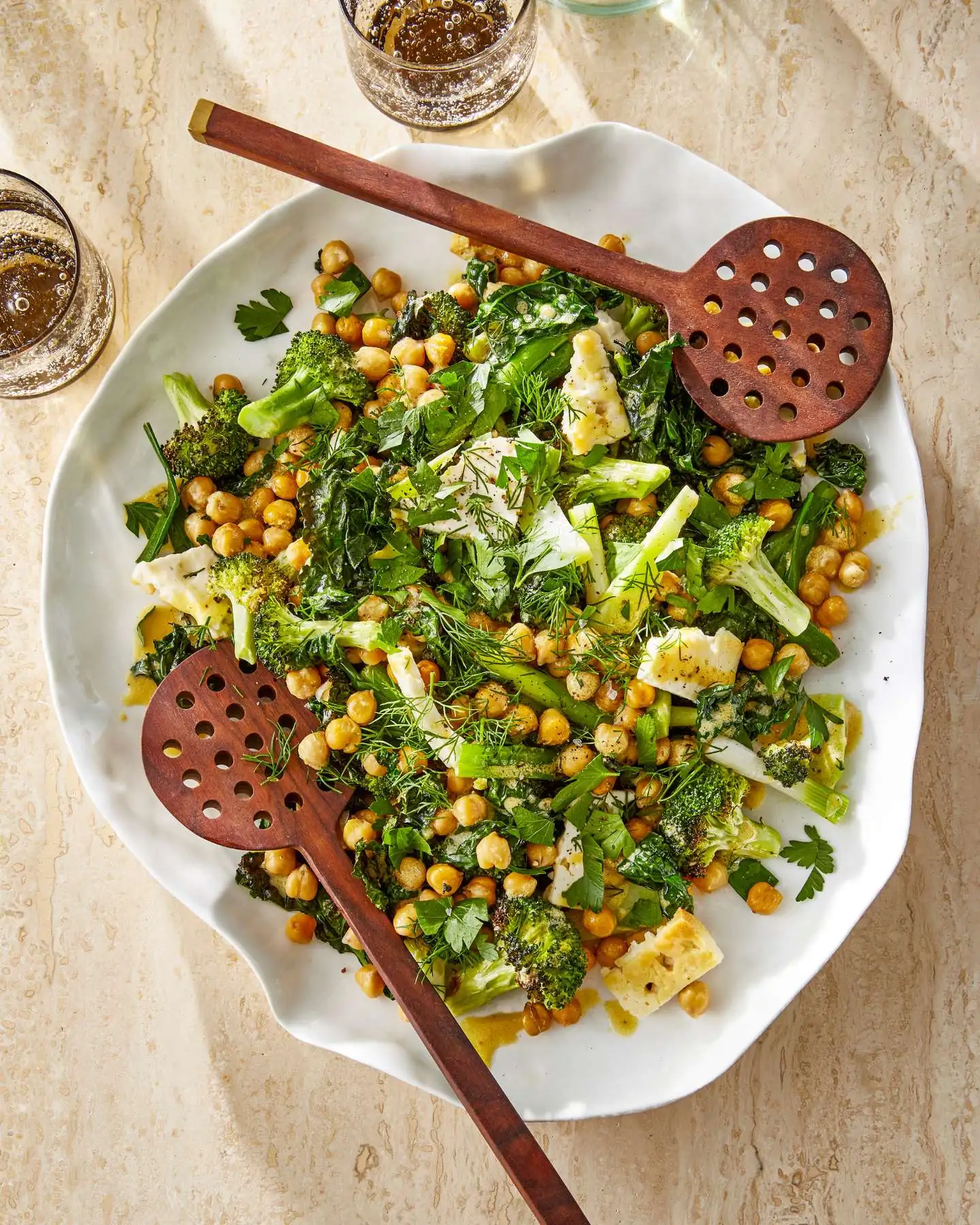 Charred Broccoli Sheet Pan Salad with Chickpeas, Kale, and Feta recipe by Casa de Suna