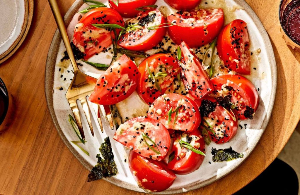 Beefsteak Tomatoes with Ginger Miso Dressing and Nori