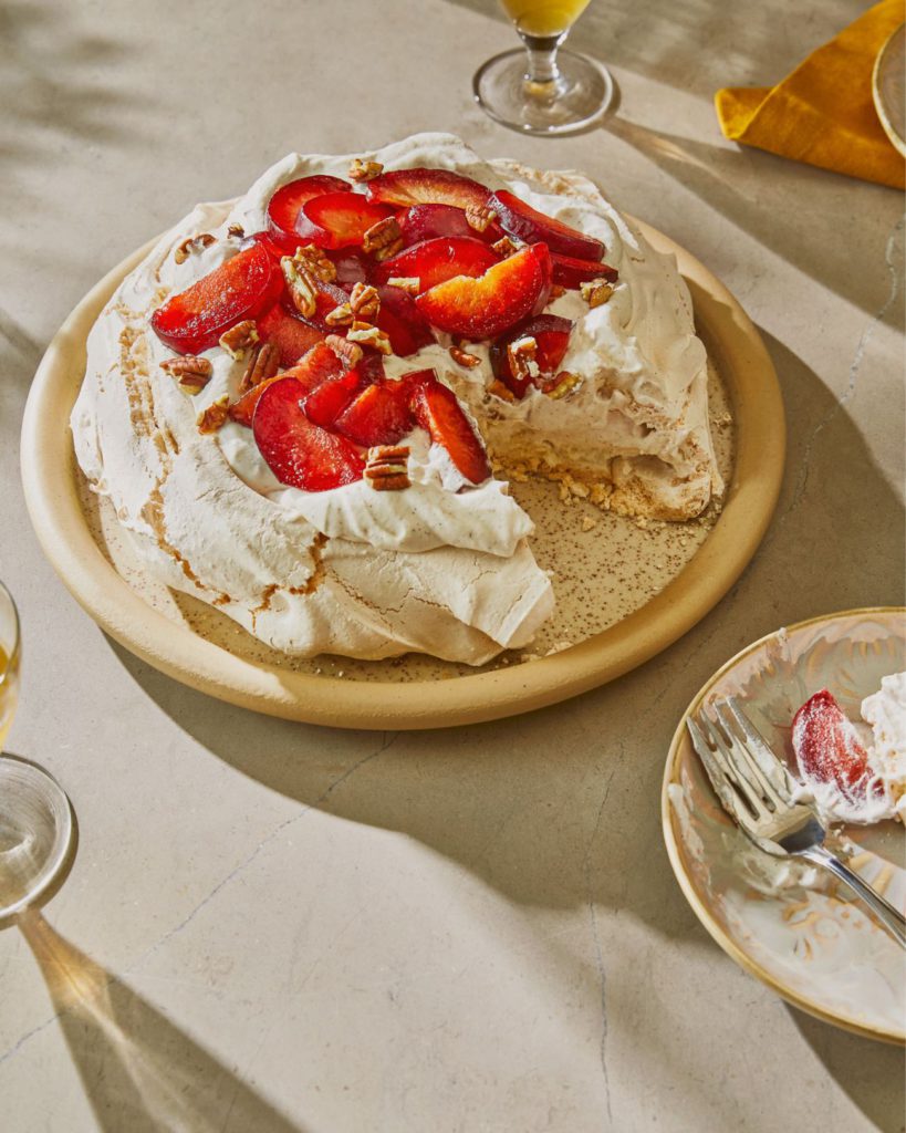 Red Plum Pavlova with Spiced Cream