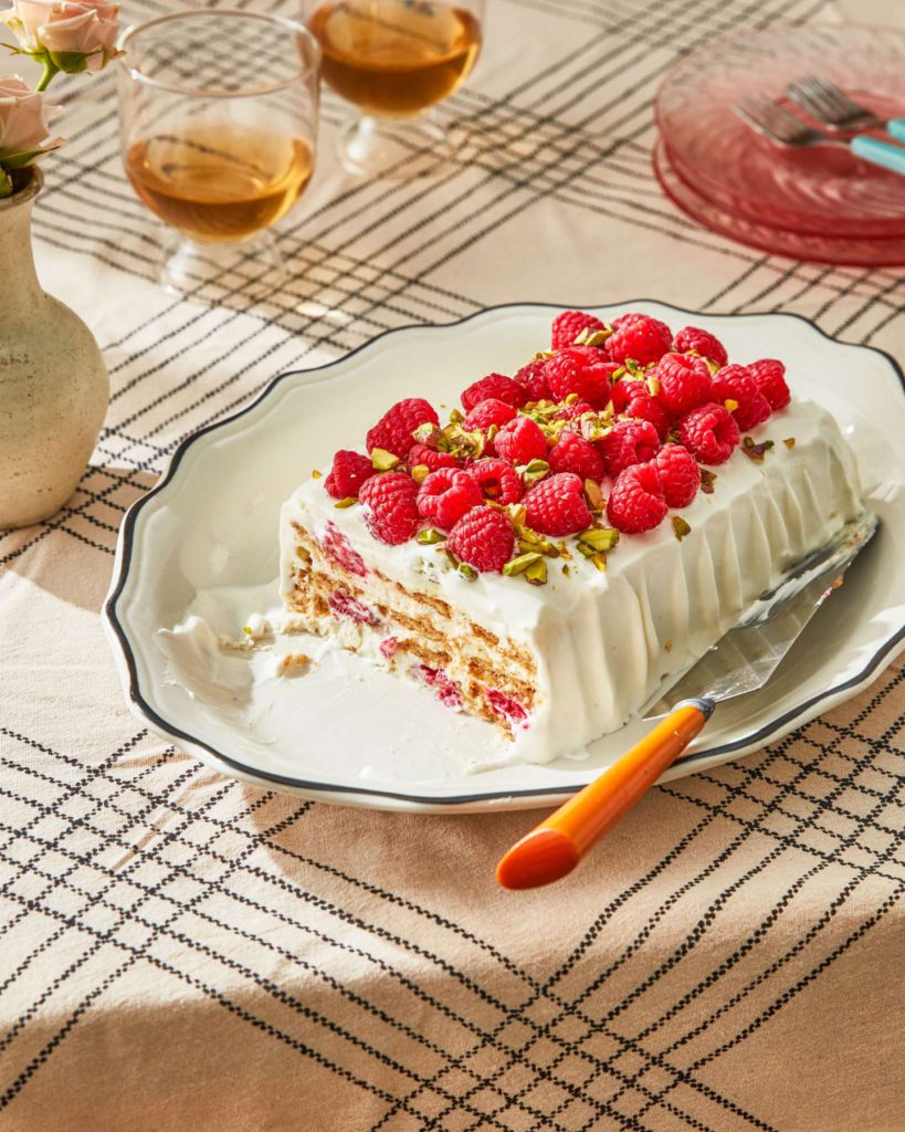 Cheesecake Icebox Cake with Raspberries and Pistachios