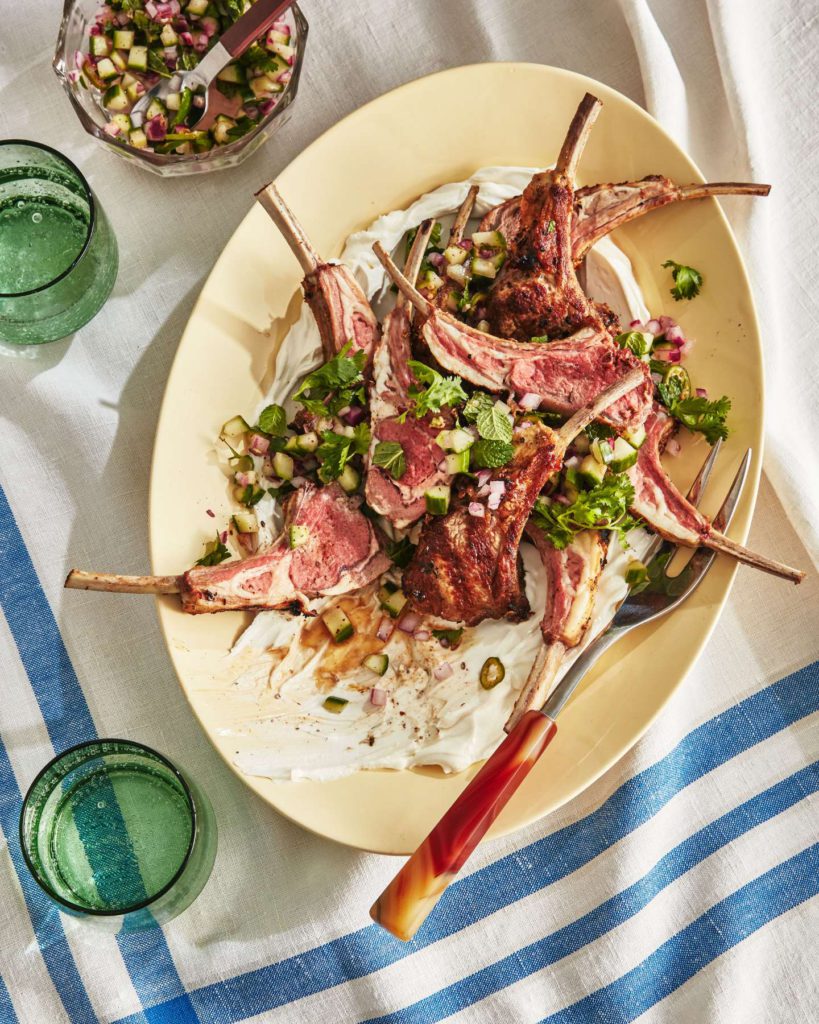 Grilled Lamb Chops with Cucumber-Mint Relish and Labneh