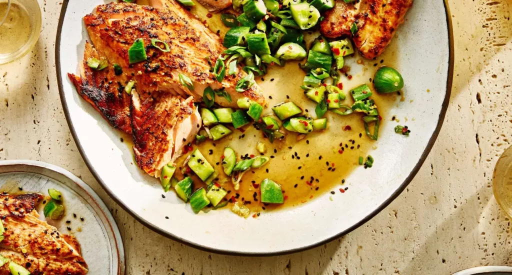 Miso-Glazed Salmon with Smashed Cucumber Salad recipe by Casa de Suna