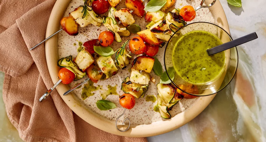 Grilled Halloumi and Peach Skewers with Basil Vinaigrette