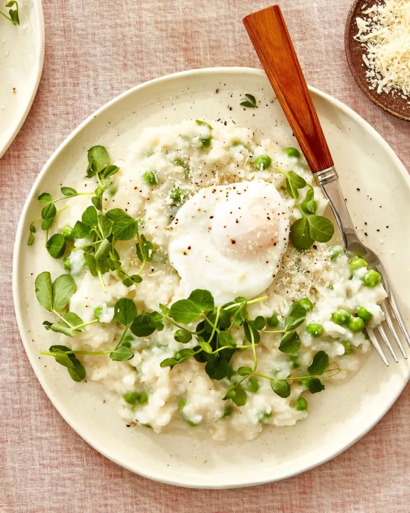 Green Pea Risotto with Poached Eggs