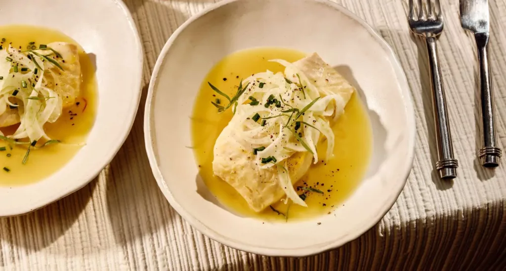 Poached Halibut with Buttered Broth recipe by Casa de Suna