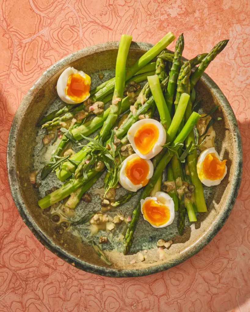 Asparagus with Jammy Eggs and Caper Vinaigrette