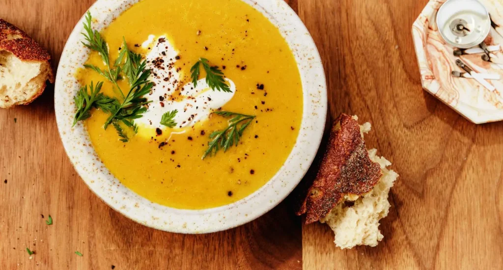 Roasted Carrot Soup with Browned Butter and Crème Fraîche recipe by Casa de Suna